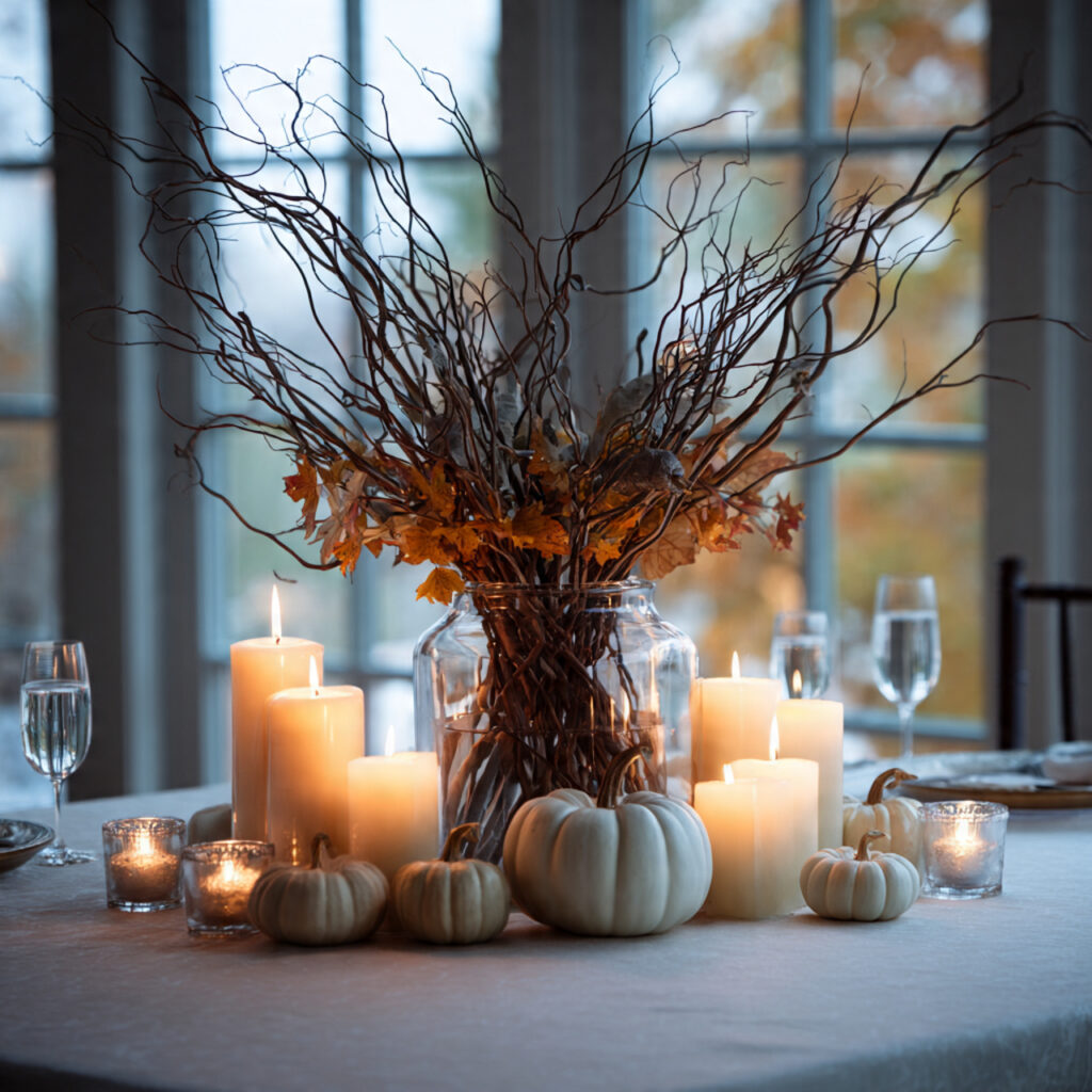 low vase centerpiece with fall branches surrounded
