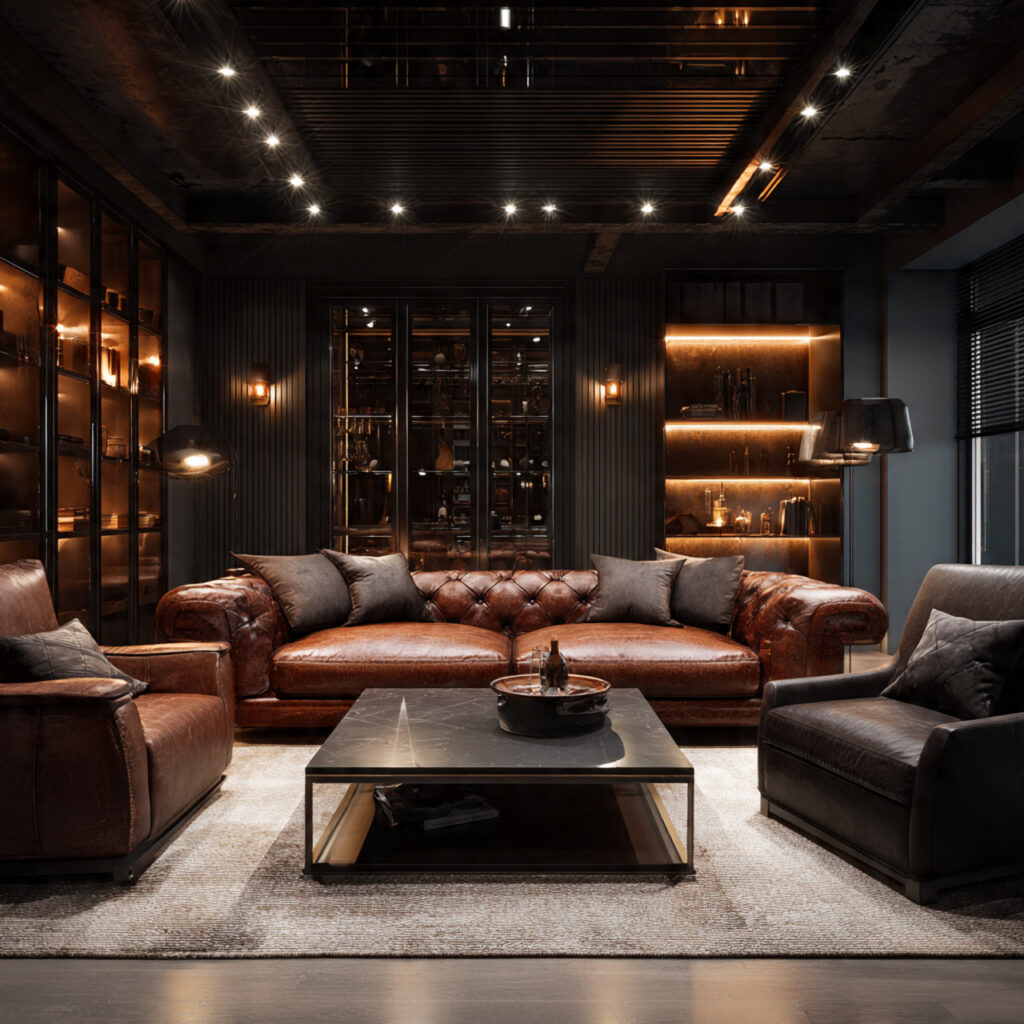 23 Classy Man Cave Ideas That Feel Stylish, Cozy, and Grown-Up 2 luxury man cave with rich leather sofa