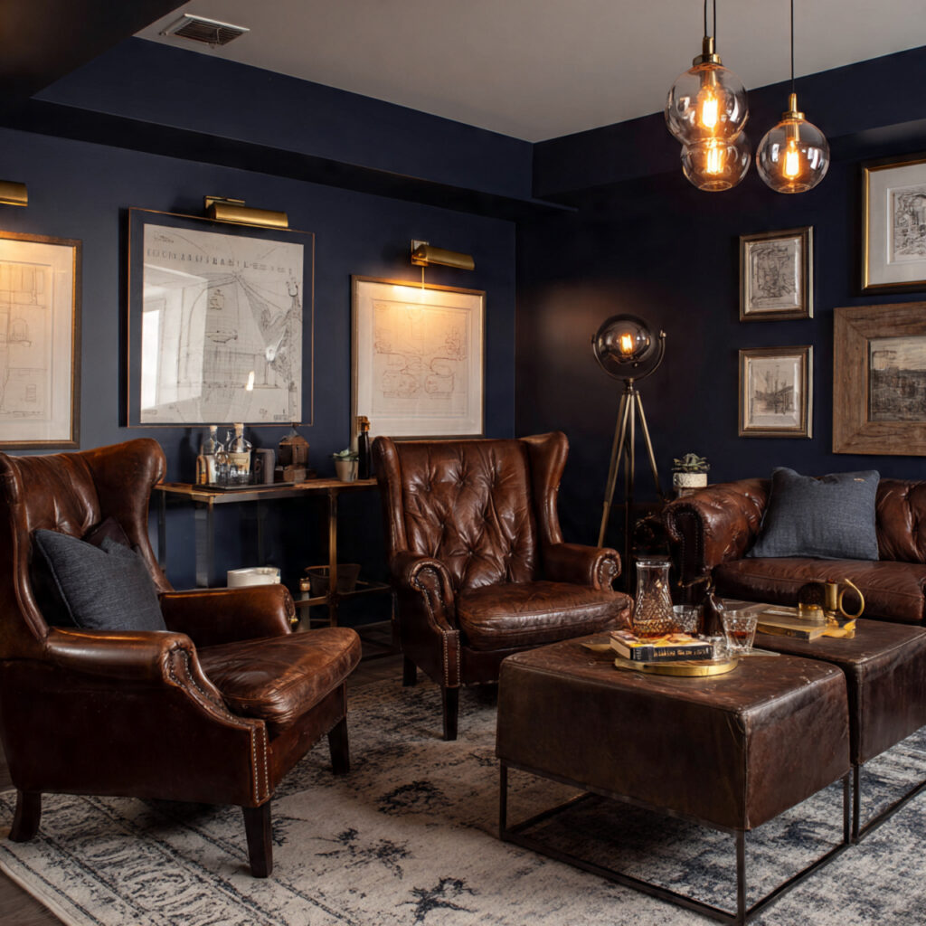 23 Classy Man Cave Ideas That Feel Stylish, Cozy, and Grown-Up 3 man cave interior with deep navy accent