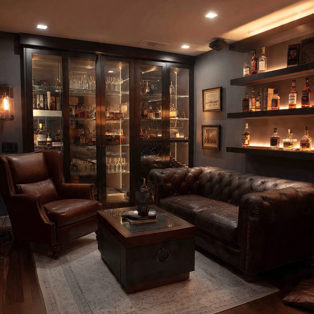 23 Classy Man Cave Ideas That Feel Stylish, Cozy, and Grown-Up 19 man cave with dedicated whiskey and wine