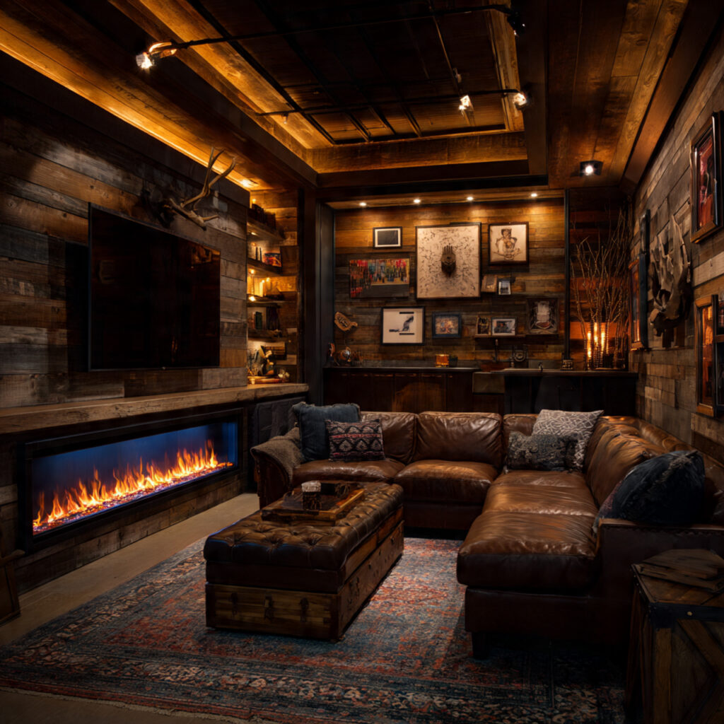 23 Classy Man Cave Ideas That Feel Stylish, Cozy, and Grown-Up 15 man cave with electric fireplace leather sofa