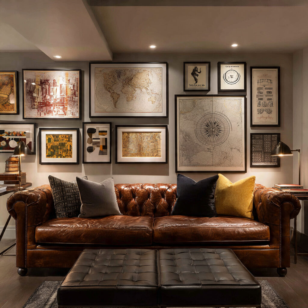 23 Classy Man Cave Ideas That Feel Stylish, Cozy, and Grown-Up 9 man cave with gallery wall featuring framed