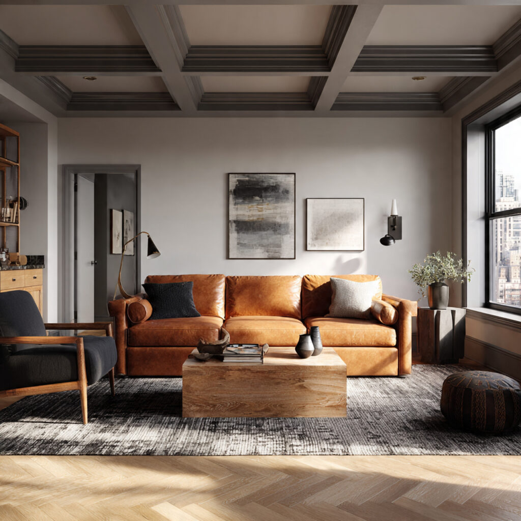 masculine living room with cognac leather sofa