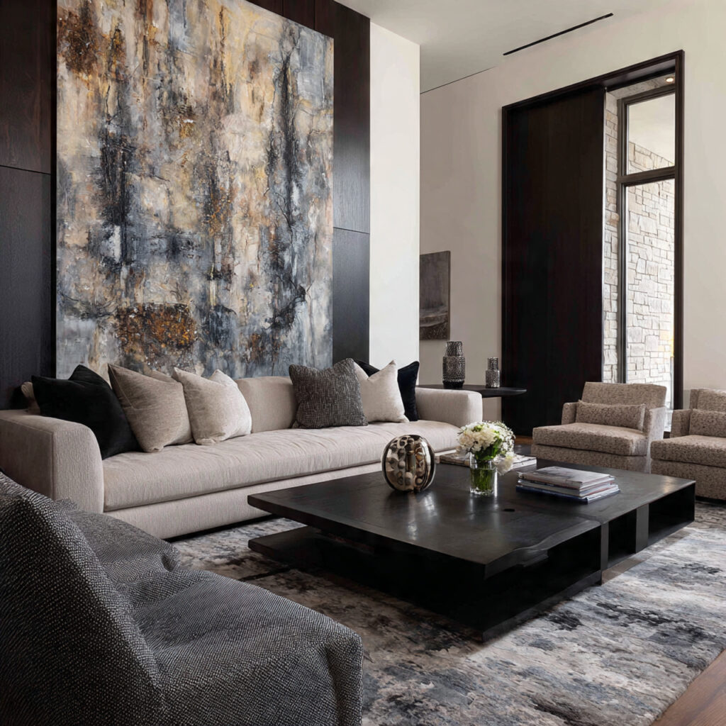 masculine living room with large oversized abstract
