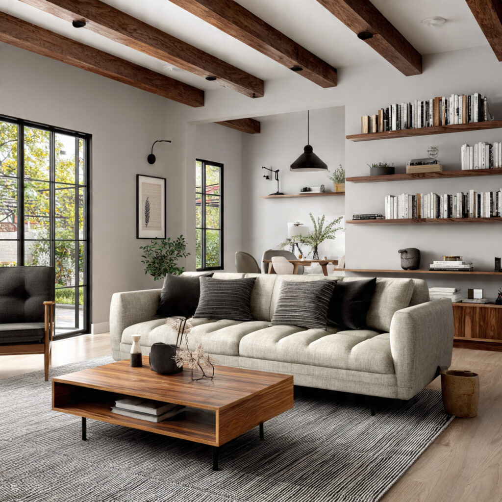 masculine living room with low profile sofa wide