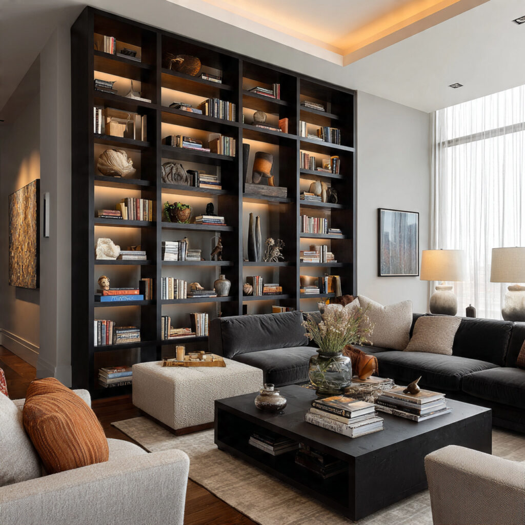masculine living room with open shelving curated