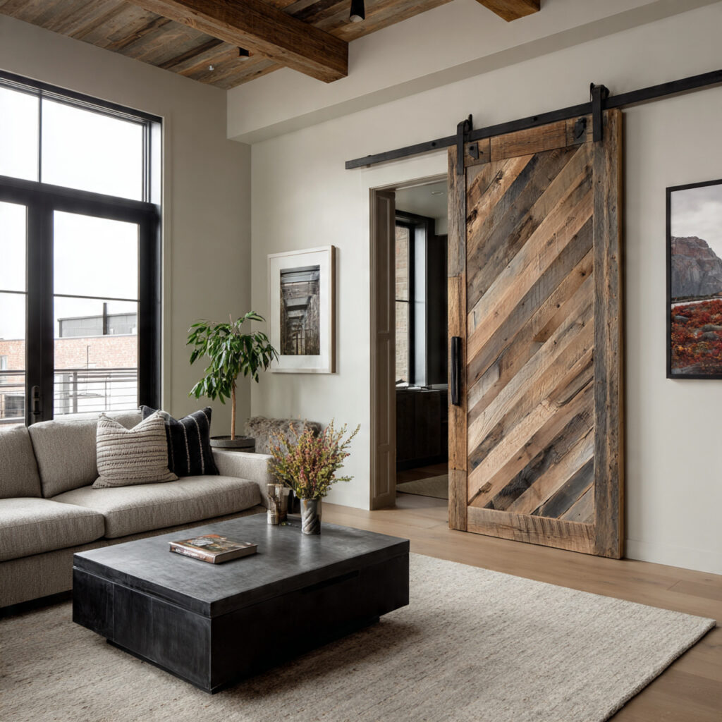 masculine living room with sliding barn door