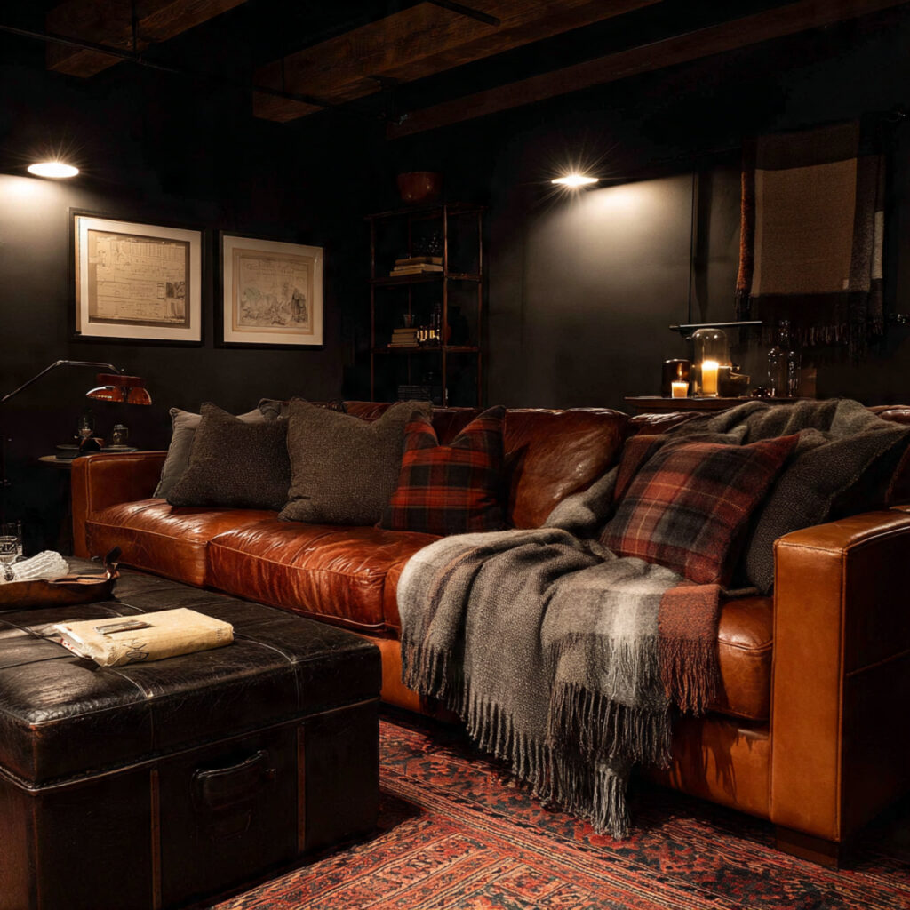 23 Classy Man Cave Ideas That Feel Stylish, Cozy, and Grown-Up 21 masculine man cave with leather sofa cozy
