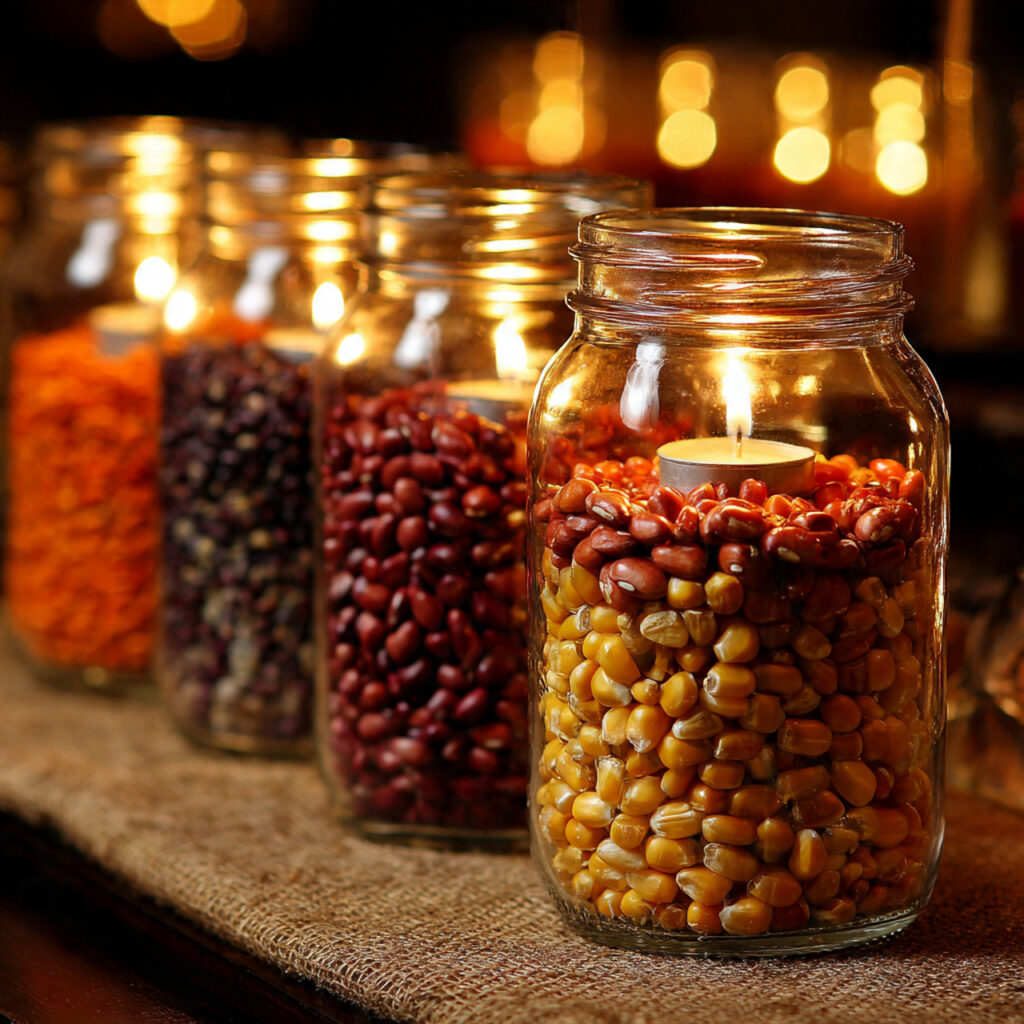 mason jars filled halfway with dried beans corn or