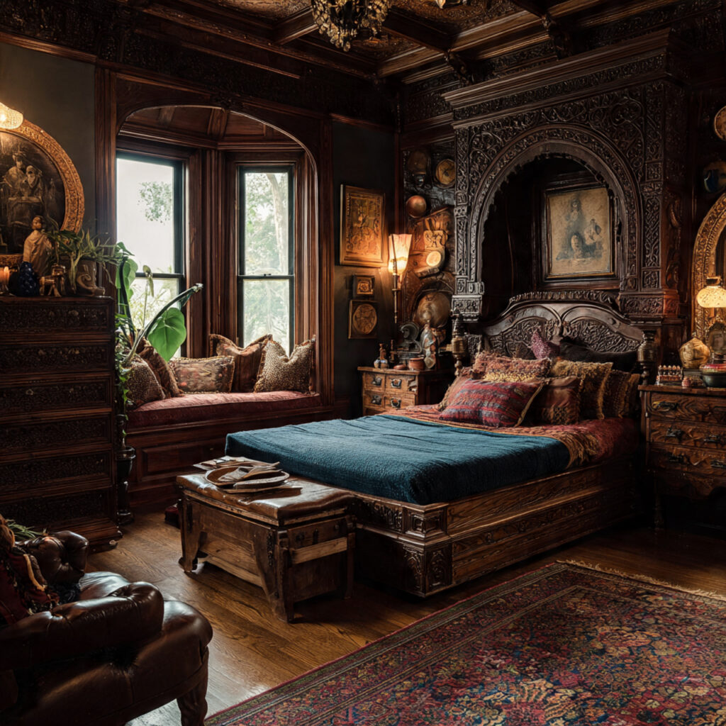 maximalist bedroom anchored by rich dark wood