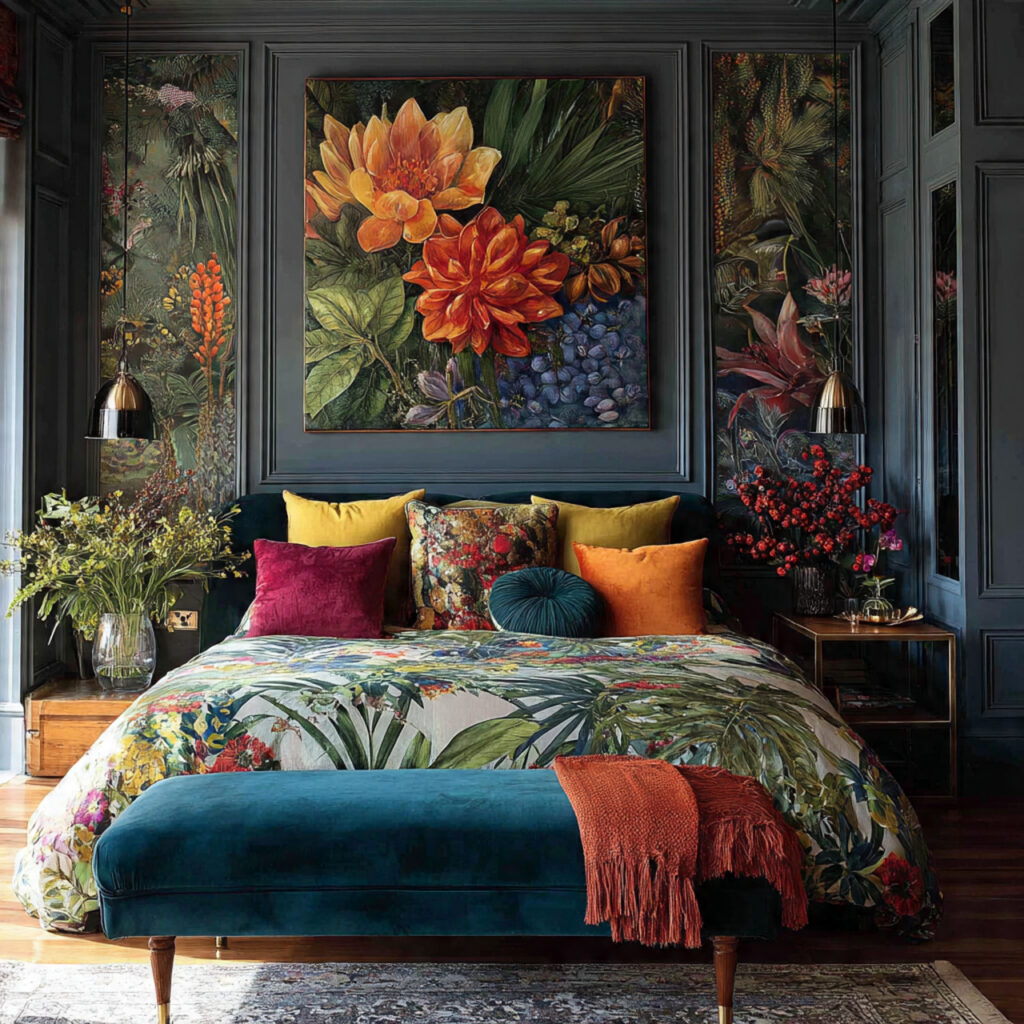 maximalist bedroom featuring bold botanical prints oversized