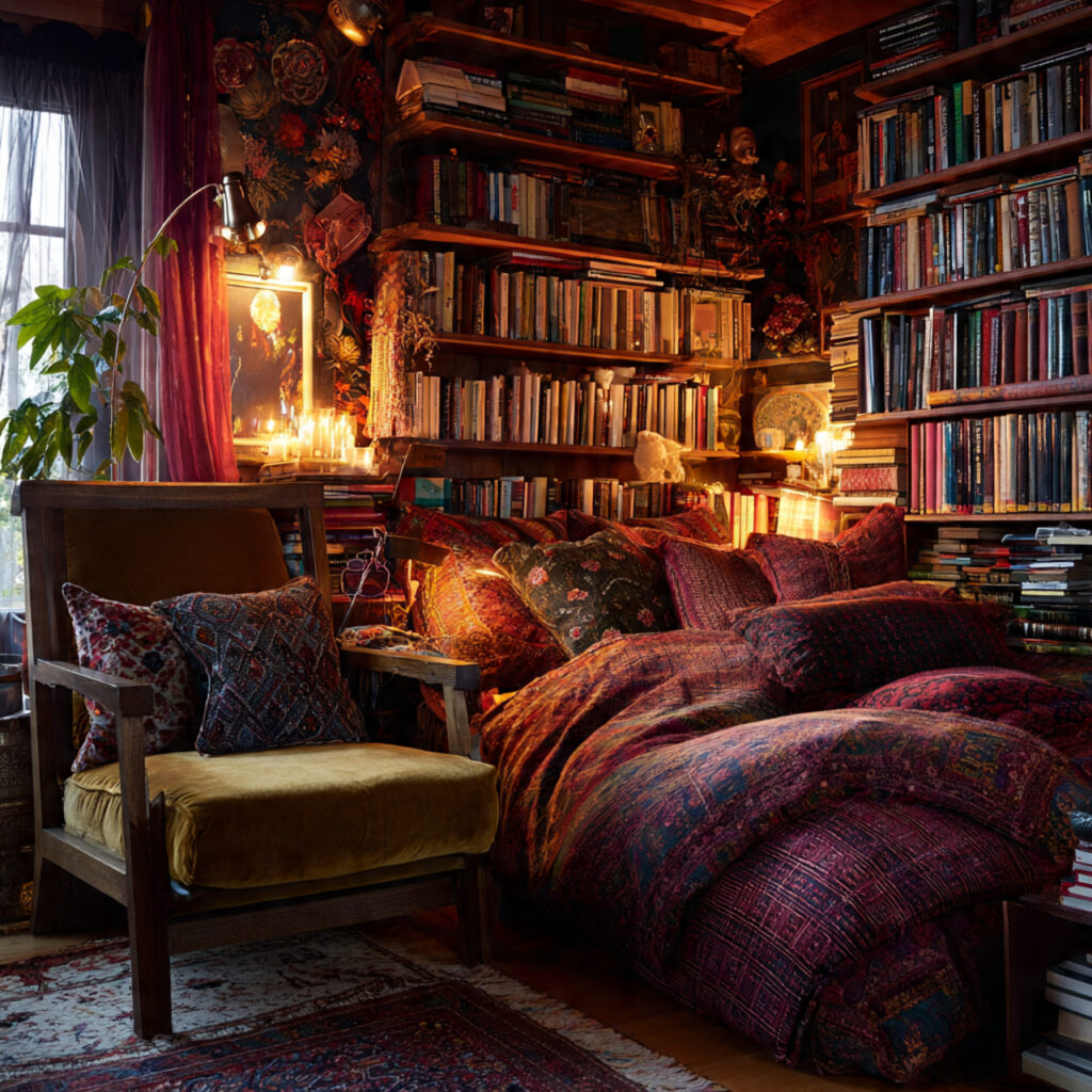 maximalist bedroom reading nook layered pillows and
