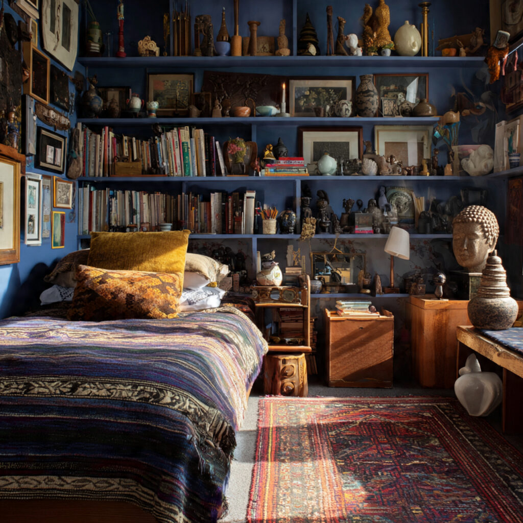 maximalist bedroom styled as personal museum shelves