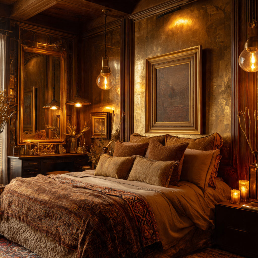 maximalist bedroom with antique brass accents aged
