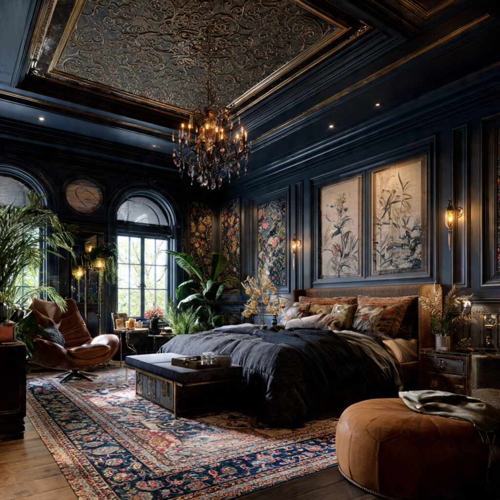 maximalist bedroom with dramatic accent ceiling deep