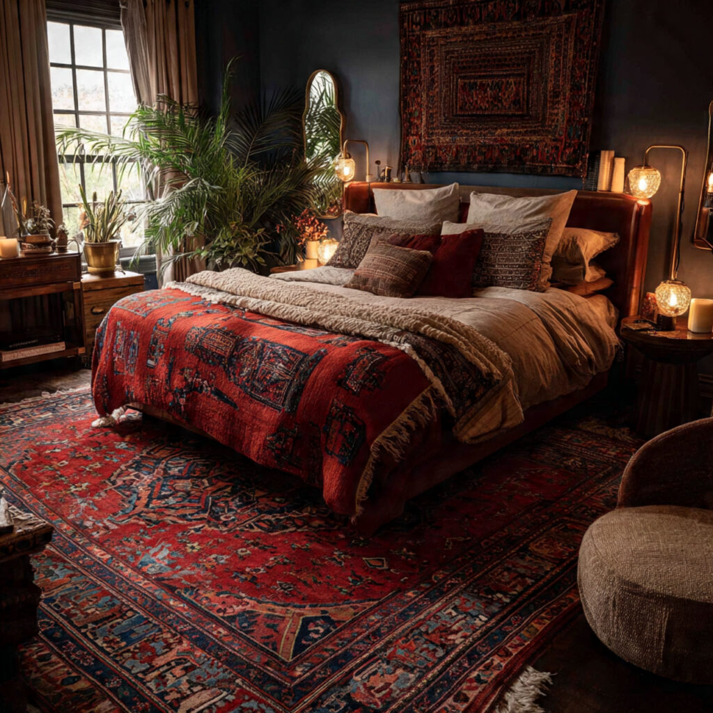 maximalist bedroom with layered rugs persian rug