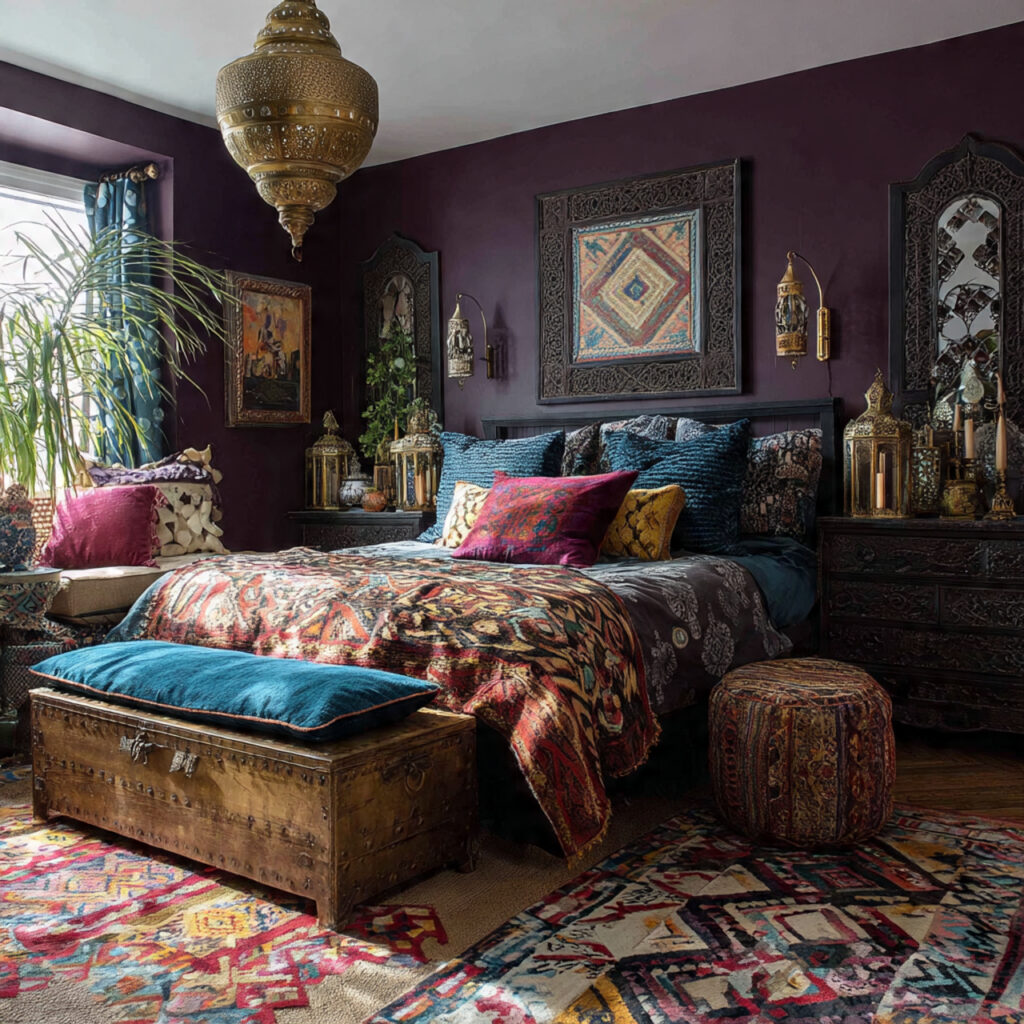 maximalist bedroom with moroccan influence patterned rugs