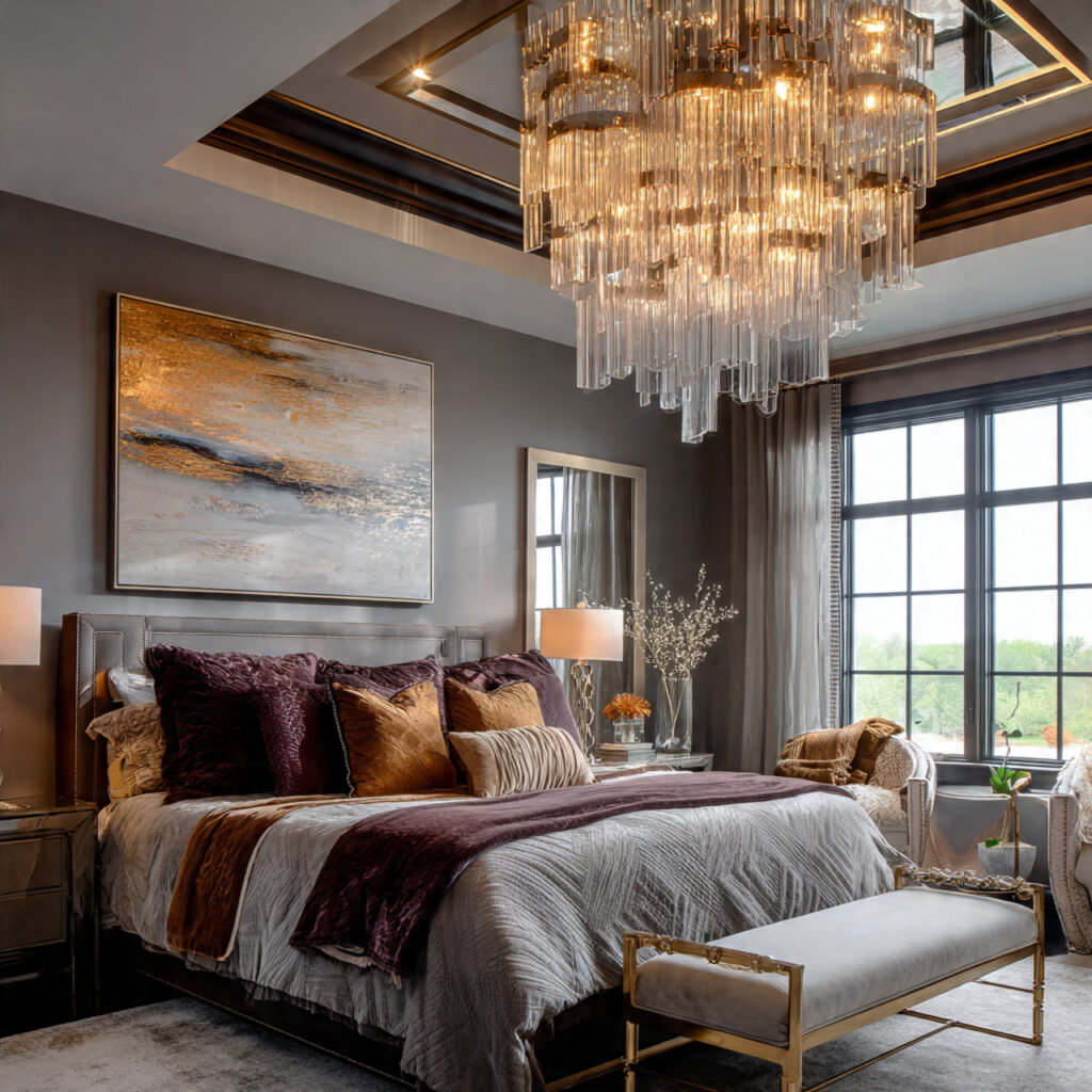 maximalist bedroom with oversized statement chandelier crystal