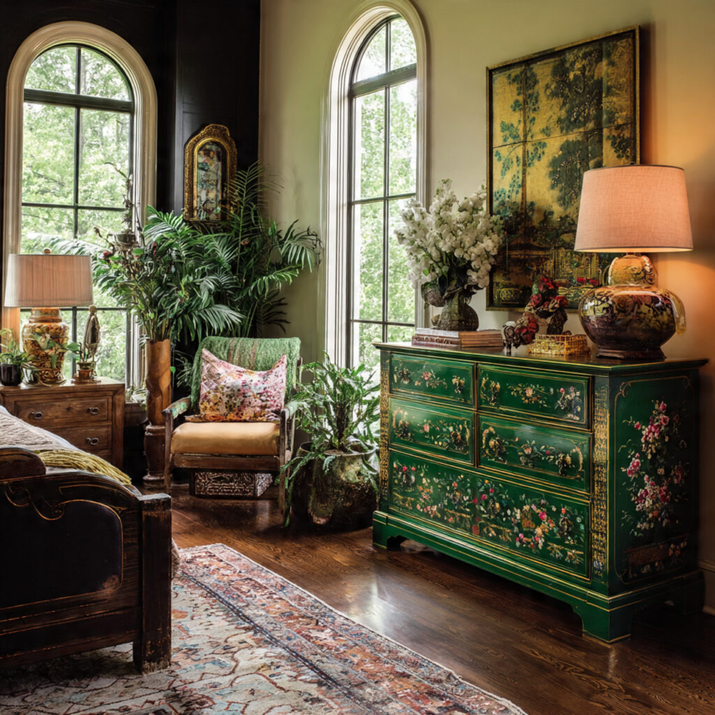 maximalist bedroom with painted furniture emerald lacquered