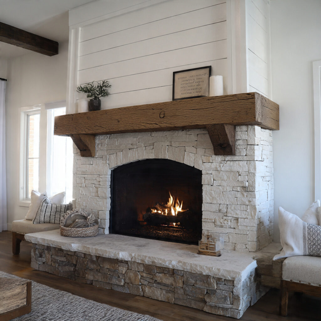 modern farmhouse fireplace combining white shiplap wall