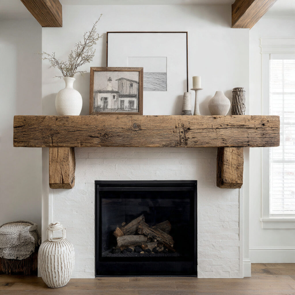 modern farmhouse fireplace featuring thick reclaimed wood