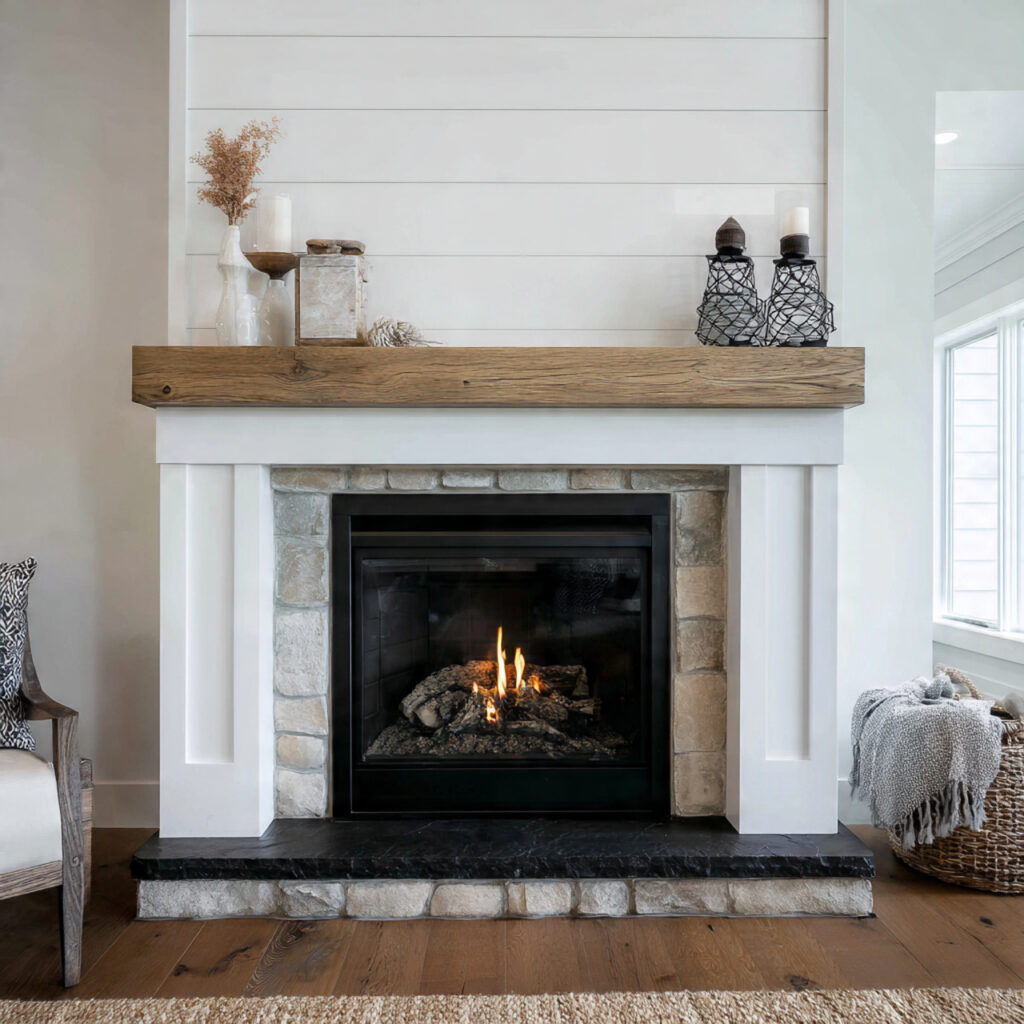 modern farmhouse fireplace with matte black metal