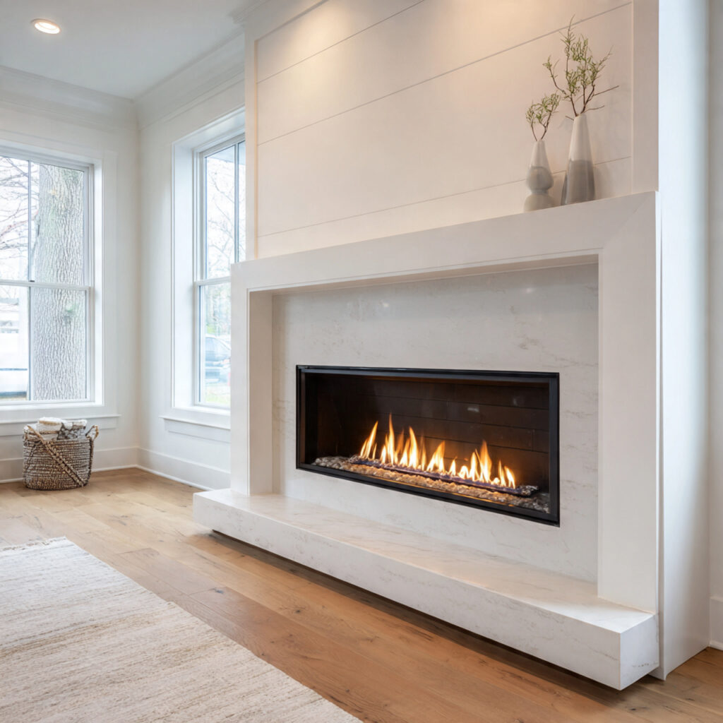 modern farmhouse fireplace with sleek linear gas
