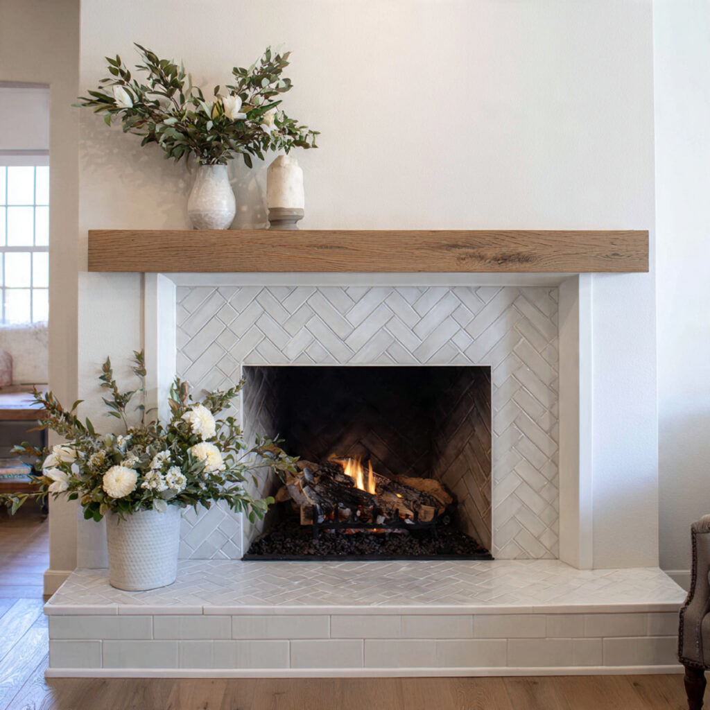 modern farmhouse fireplace with white herringbone tile