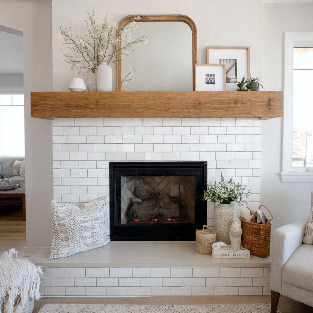 modern farmhouse fireplace with white subway tile