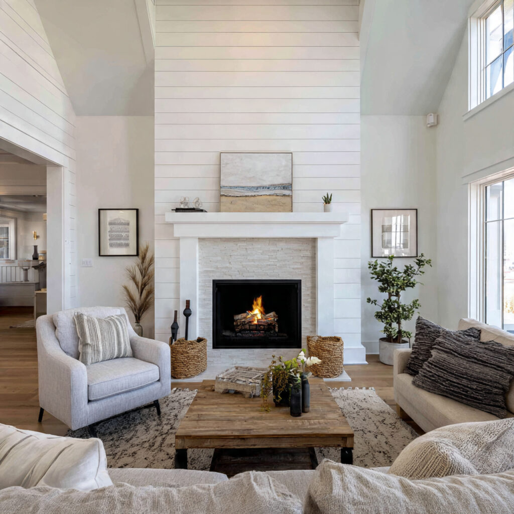 modern farmhouse living room fireplace with floor to ceiling