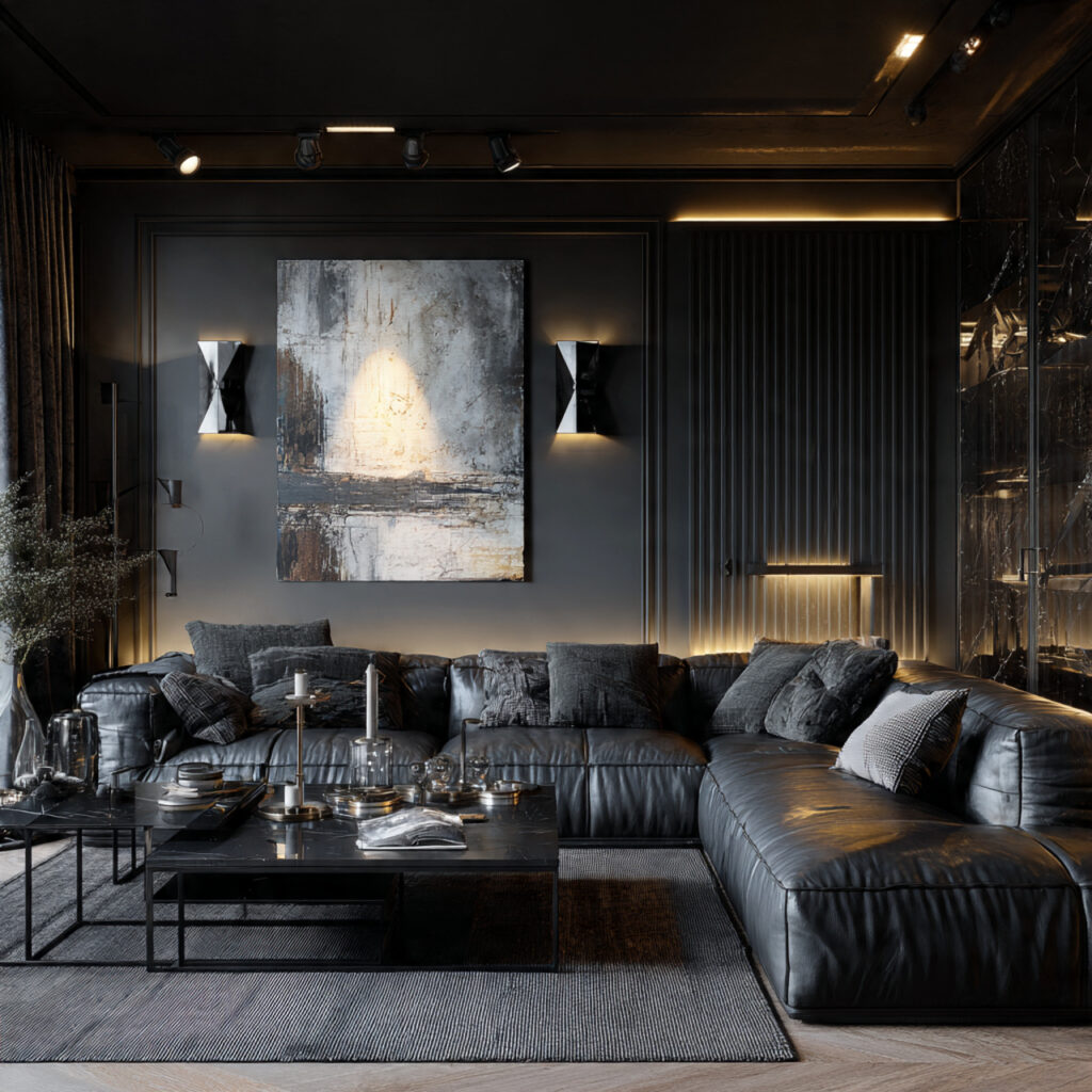 modern masculine living room in layered black