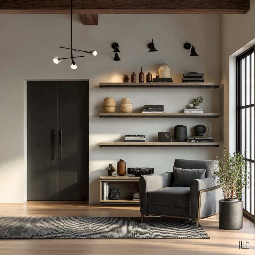 modern masculine living room showcasing matte black