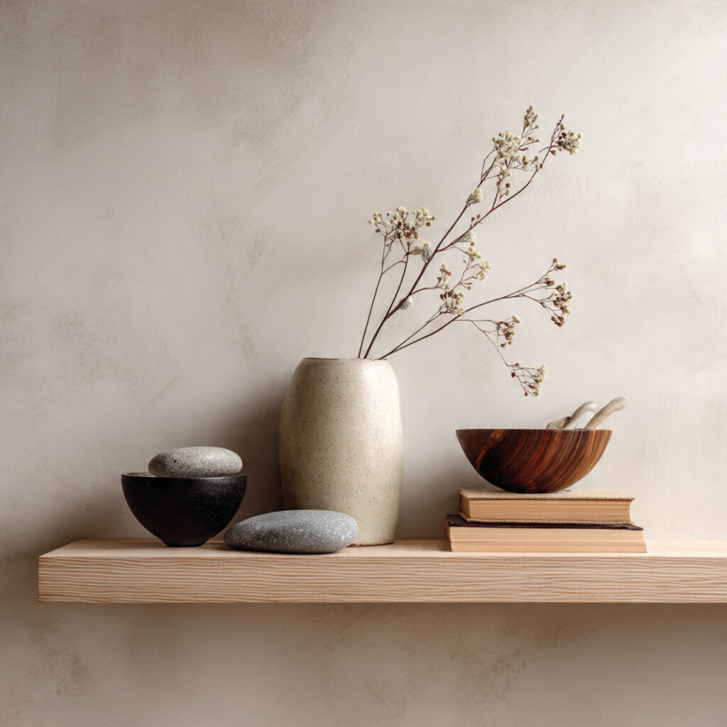 neutral living room shelf with ceramic vase wooden