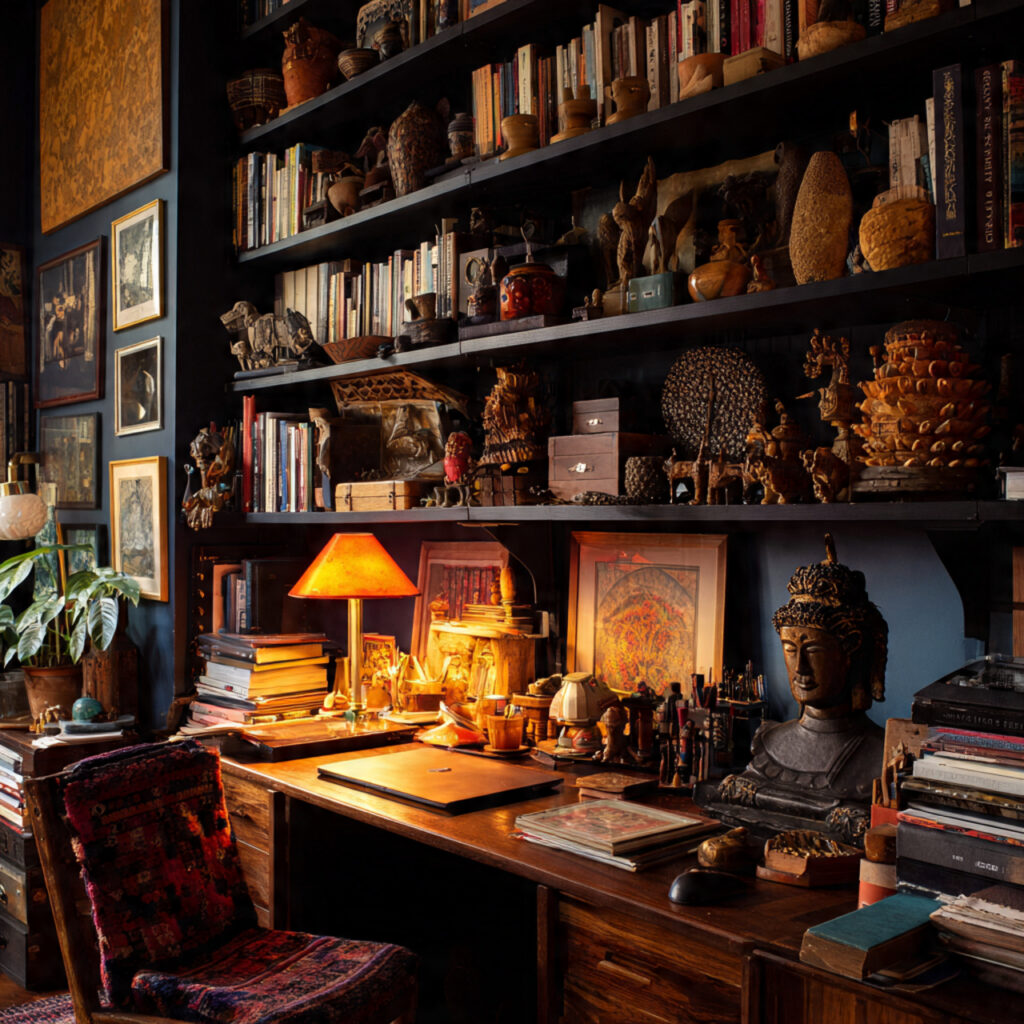 open display shelving in a maximalist home