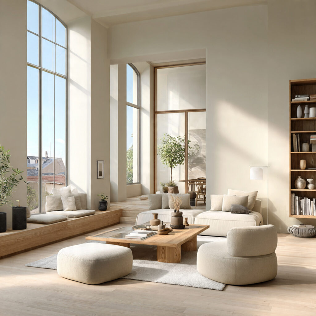 open plan japandi living room with seamless flow