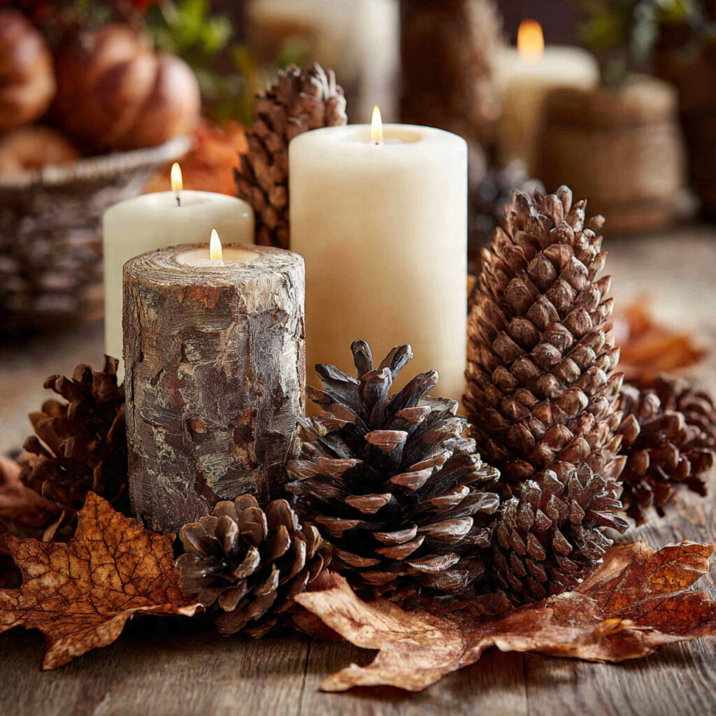 pinecones of various sizes scattered among pillar