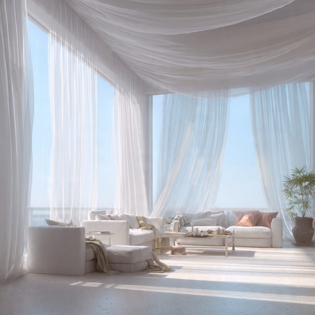 27 Bright Living Rooms for Spring Ideas That Feel Fresh, Airy, and Full of Light 2 Floor-to-Ceiling Sheer White Curtains