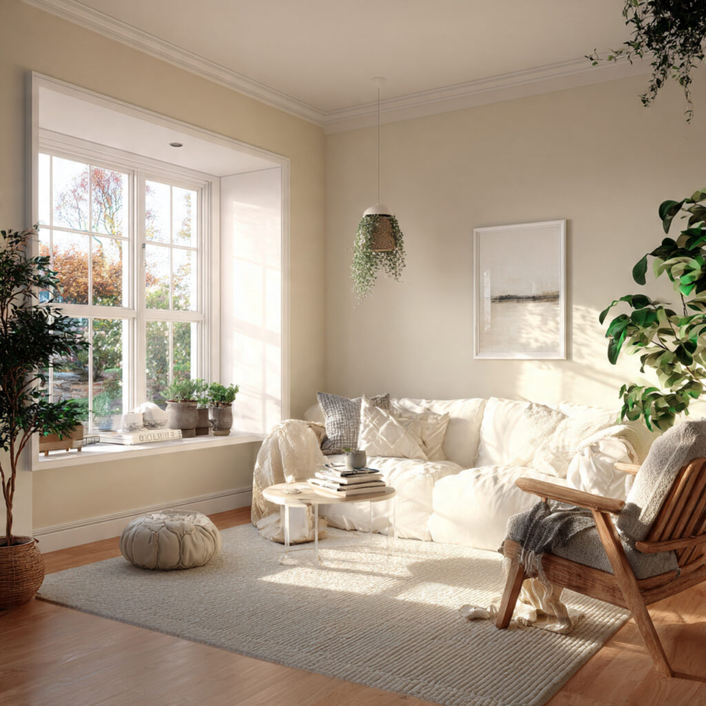 27 Bright Living Rooms for Spring Ideas That Feel Fresh, Airy, and Full of Light 4 All-White or Cream Walls