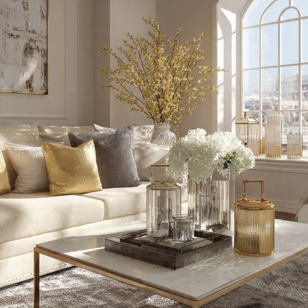 27 Bright Living Rooms for Spring Ideas That Feel Fresh, Airy, and Full of Light 7 Reflective Metallic Accents