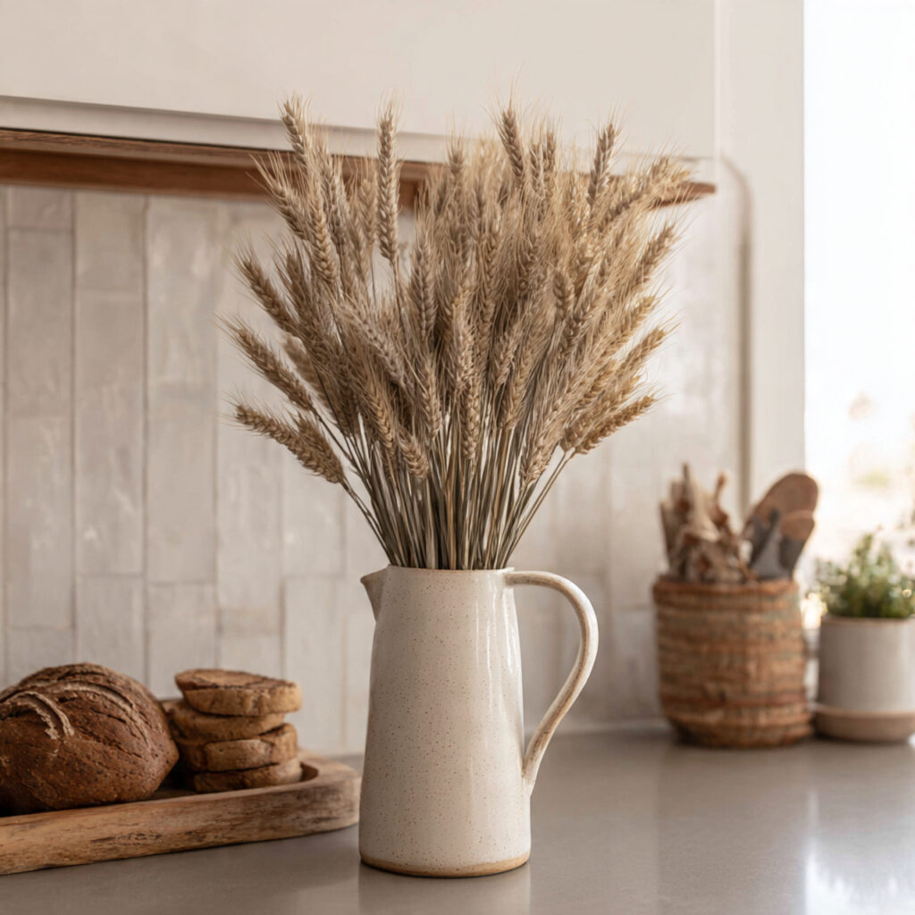 rustic fall centerpiece featuring tied wheat stalk