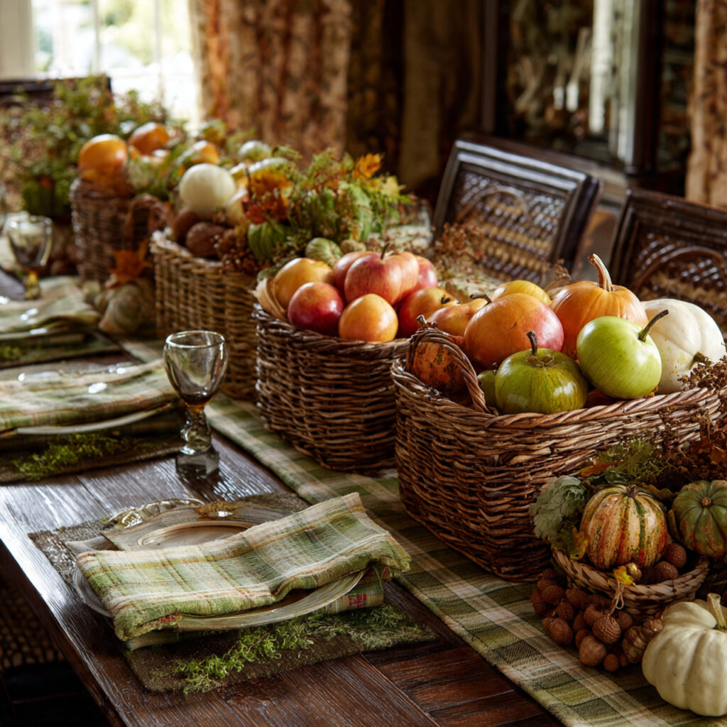 several small baskets filled with apples mini pump