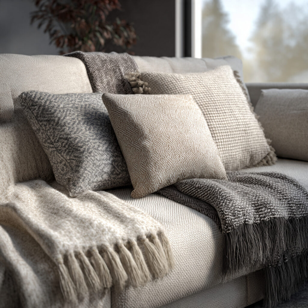 sofa styled with multiple neutral blankets in crea