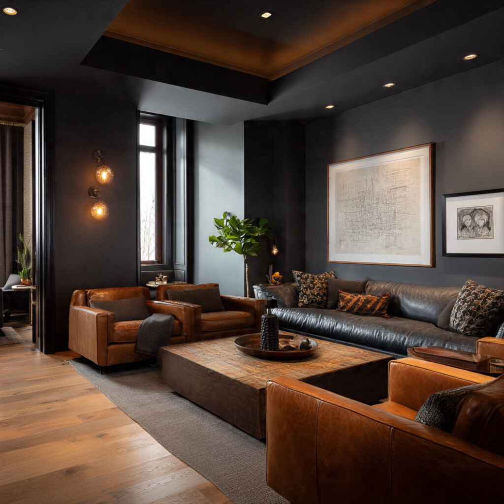 sophisticated living room with charcoal gray walls