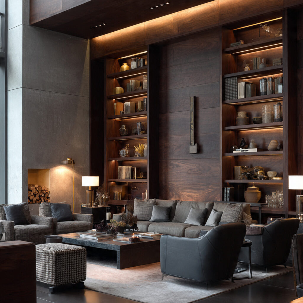 sophisticated living room with dark walnut wood