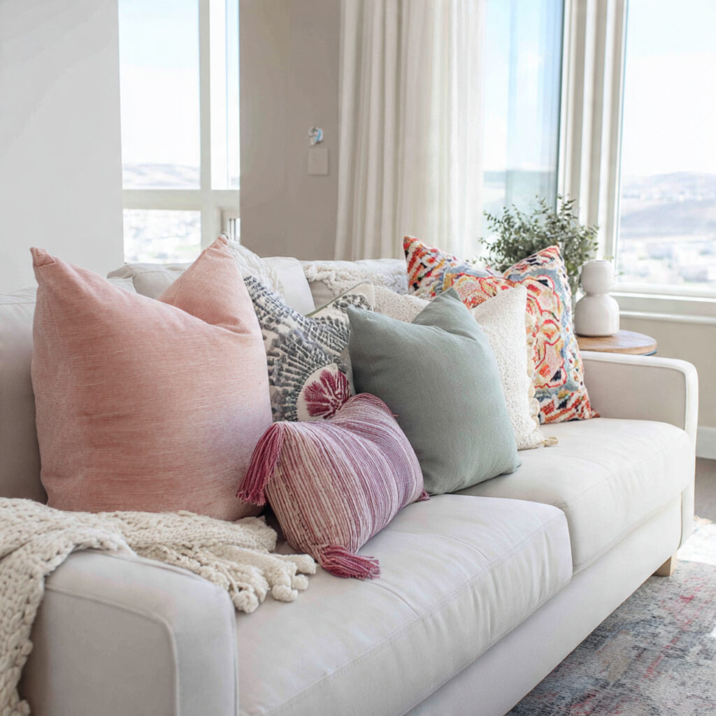 29 Spring Living Room Decor Ideas You Need to Save Today 3 Swap Dark Throw Pillows for Spring Colors