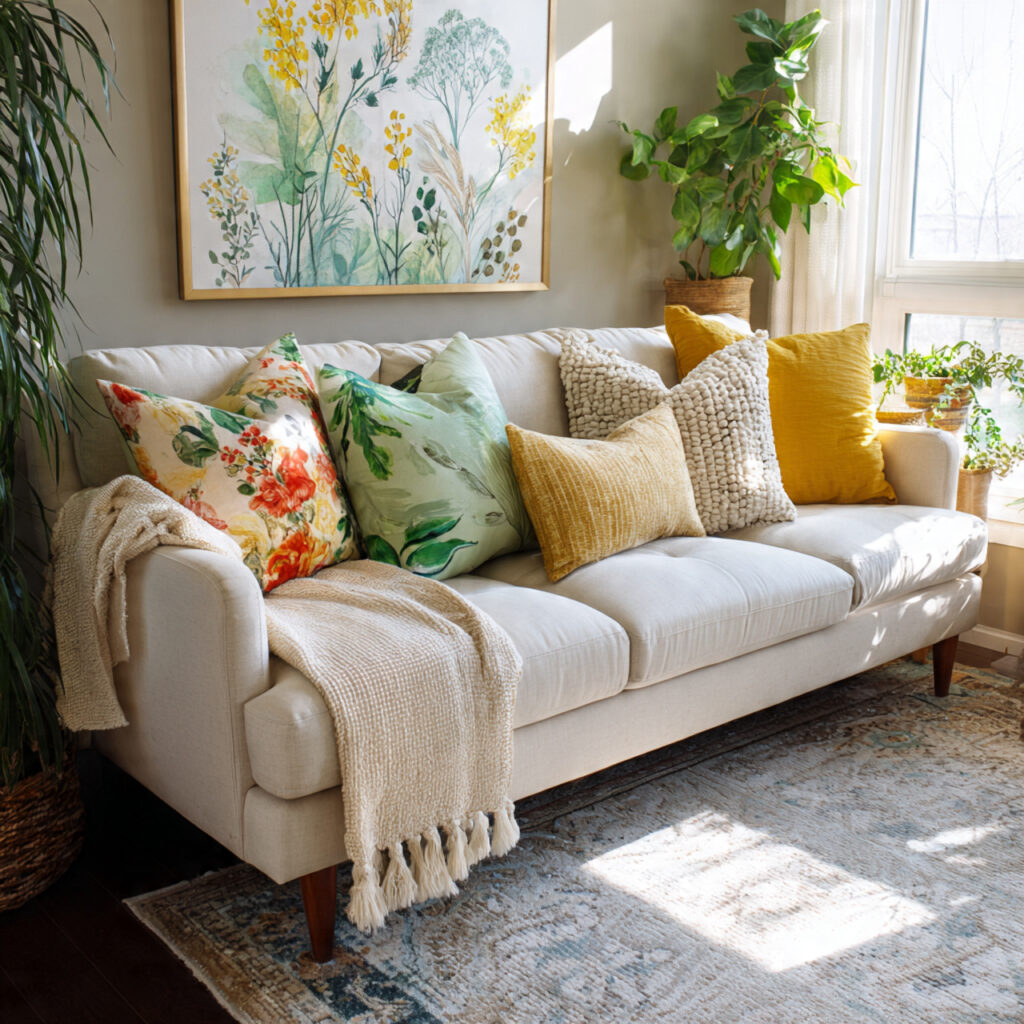 29 Spring Living Room Decor Ideas You Need to Save Today 19 Sofa Refresh with Spring Layers