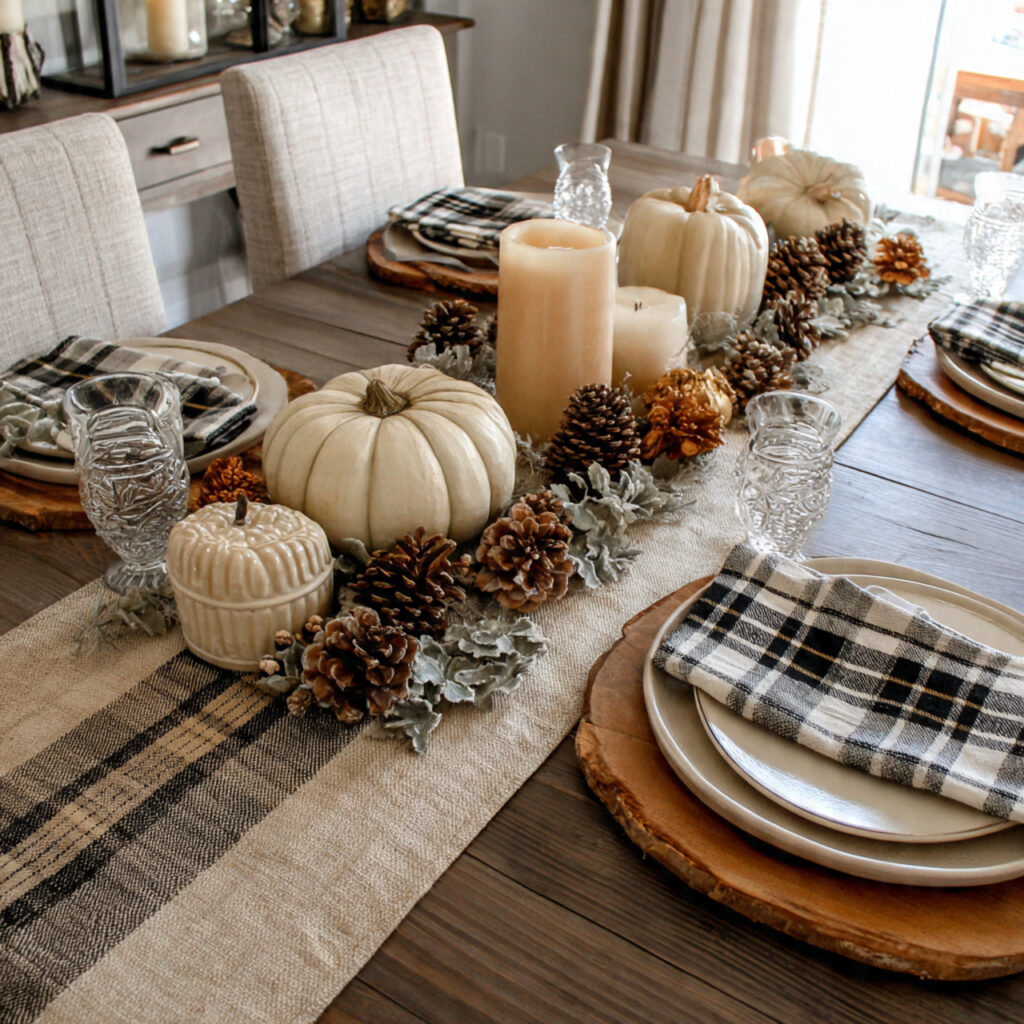 table runner layering burlap and plaid fabric topp