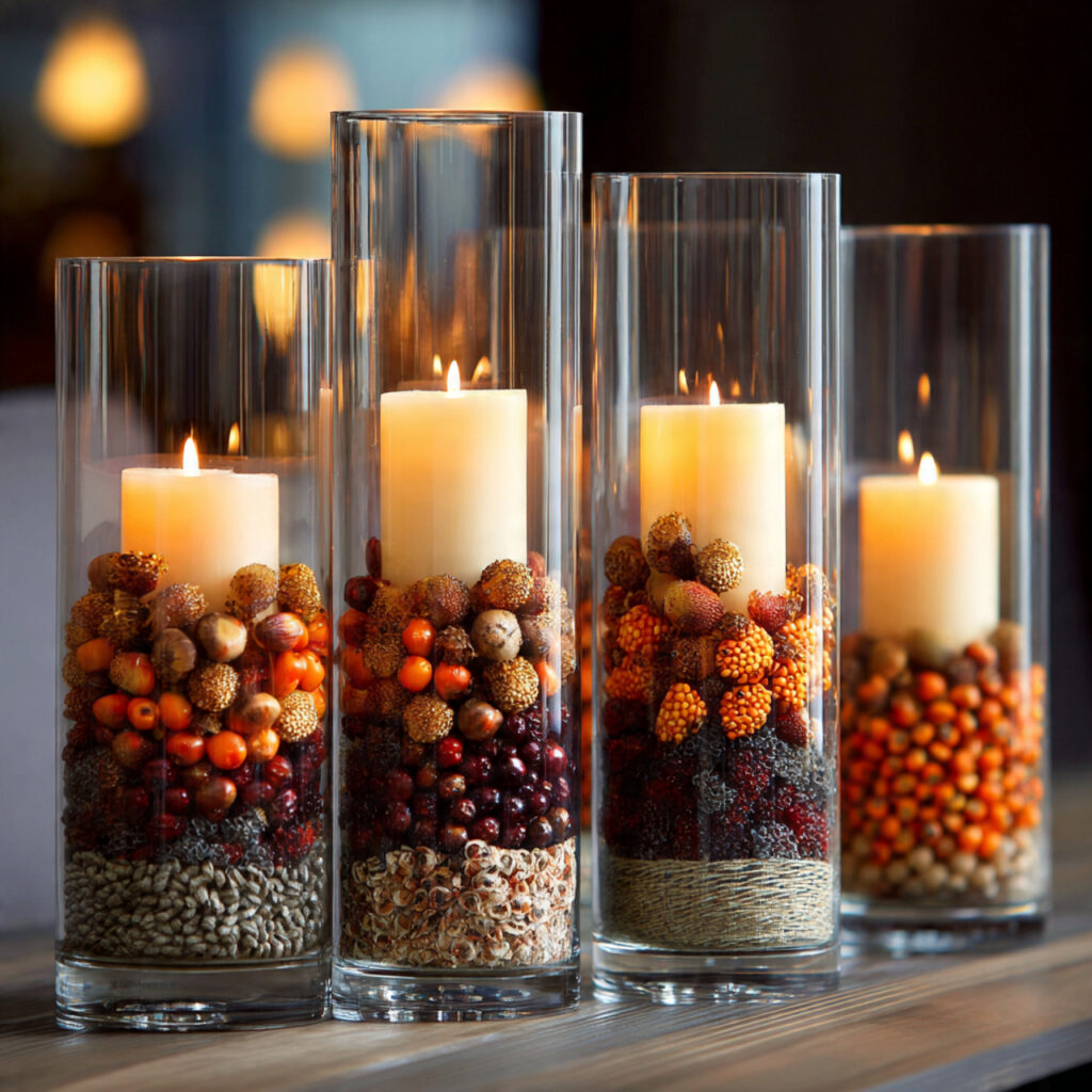 tall glass hurricane vases filled with layers of d