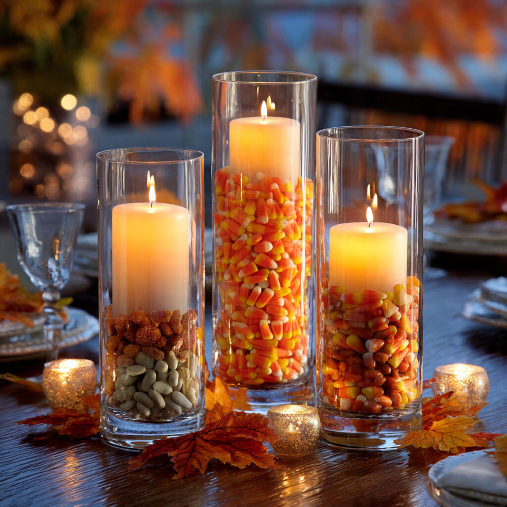 tall hurricane vases filled with fall elements