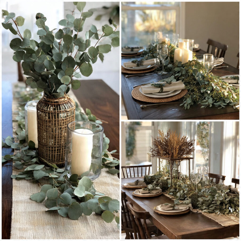 thanksgiving d cor using eucalyptus branches arranged on